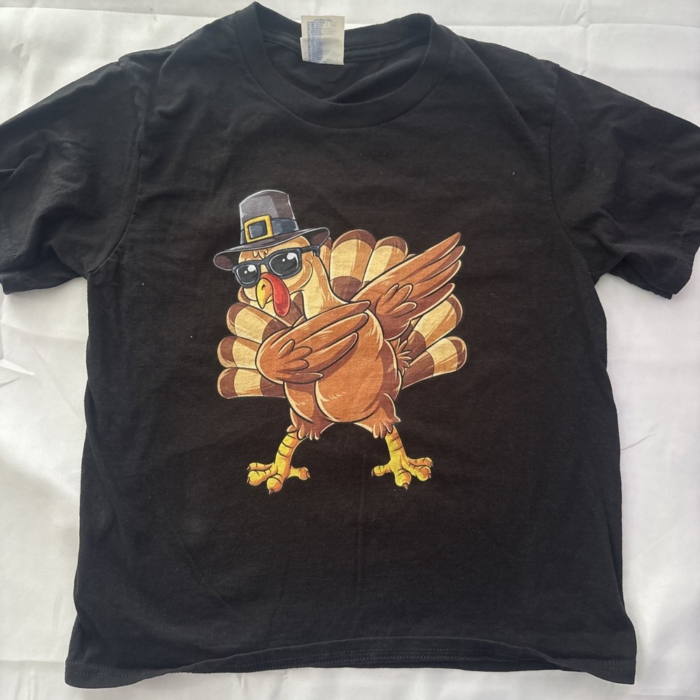 Port Company Boys Thanksgiving Shirt Small Black Turkey Dancing Graphic Tee
